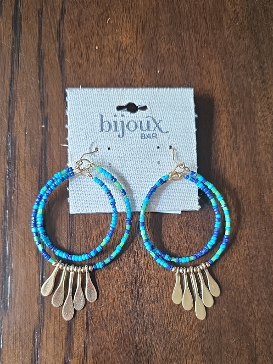 bijoux bar Jewelry - Bijoux Bar, Blue & Aqua Beaded Double Hoop Earrings with Gold Drops